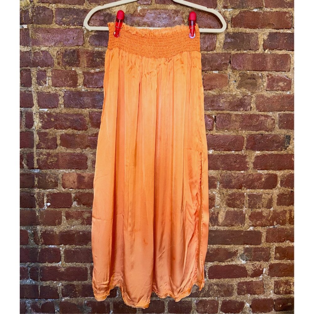 Sunset Orange Flowy Satin Midi Skirt